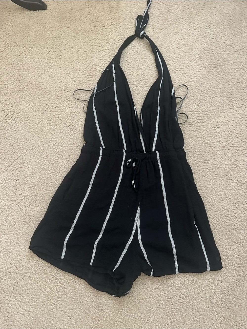 Volcom Black Romper with White Vertical Stripes